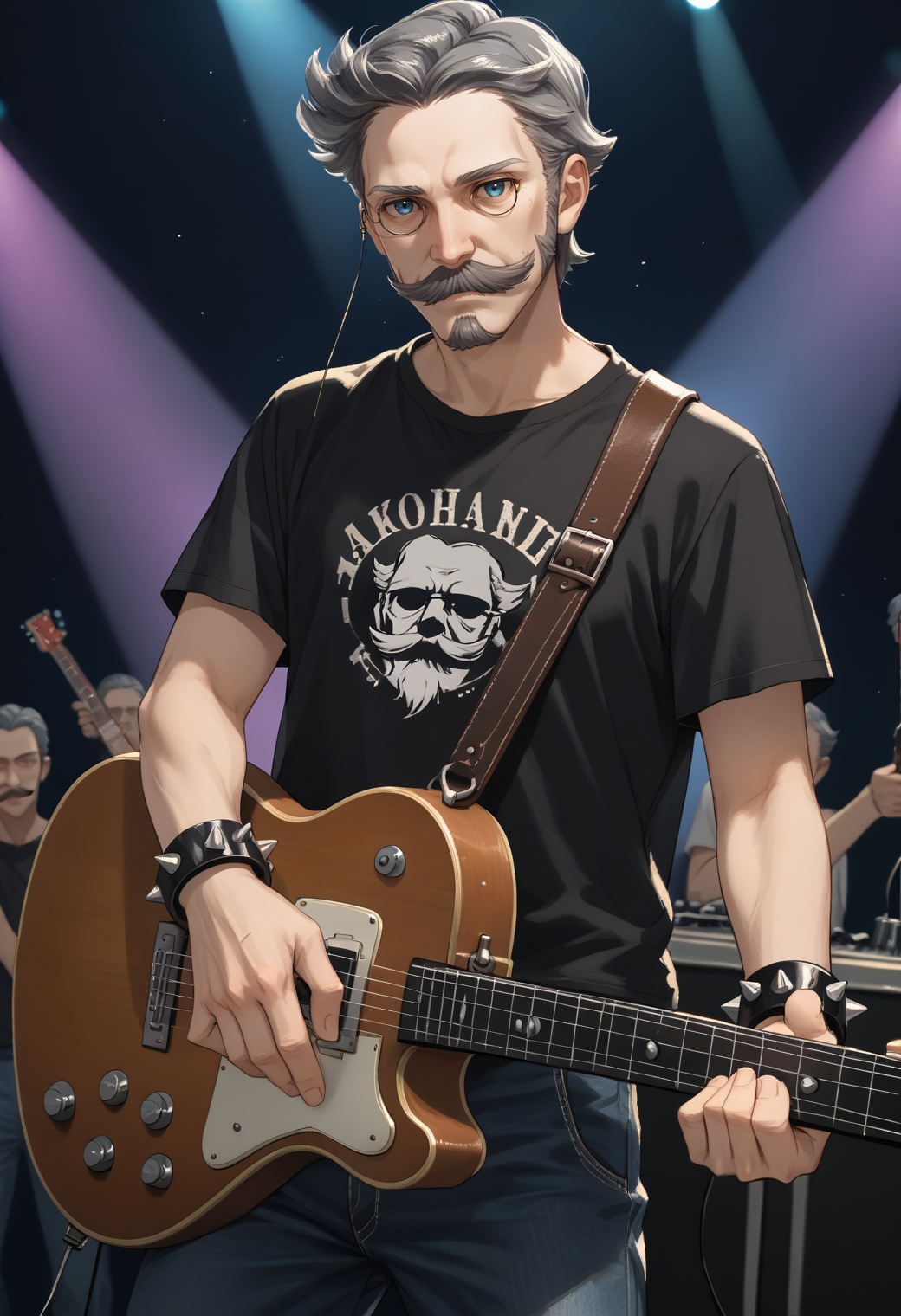 score_9, score_8_up, score_7_up, source_anime, 1boy, cowboy shot, looking at viewer, holding guitar, <lora:HannemanFE-pdxl:1> hanFE, short hair, grey hair, blue eyes, monocle, old man, mustache, goatee, black t-shirt, spiked bracelet, jeans, concert