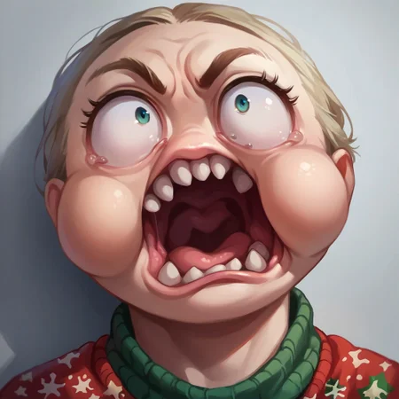 (score_9, score_8_up, score_7_up, rating_safe),
round cheeks, fisheye, close-up, wall-eyed, bulging eyes,
christmas_sweater, rage, open_mouth, shouting