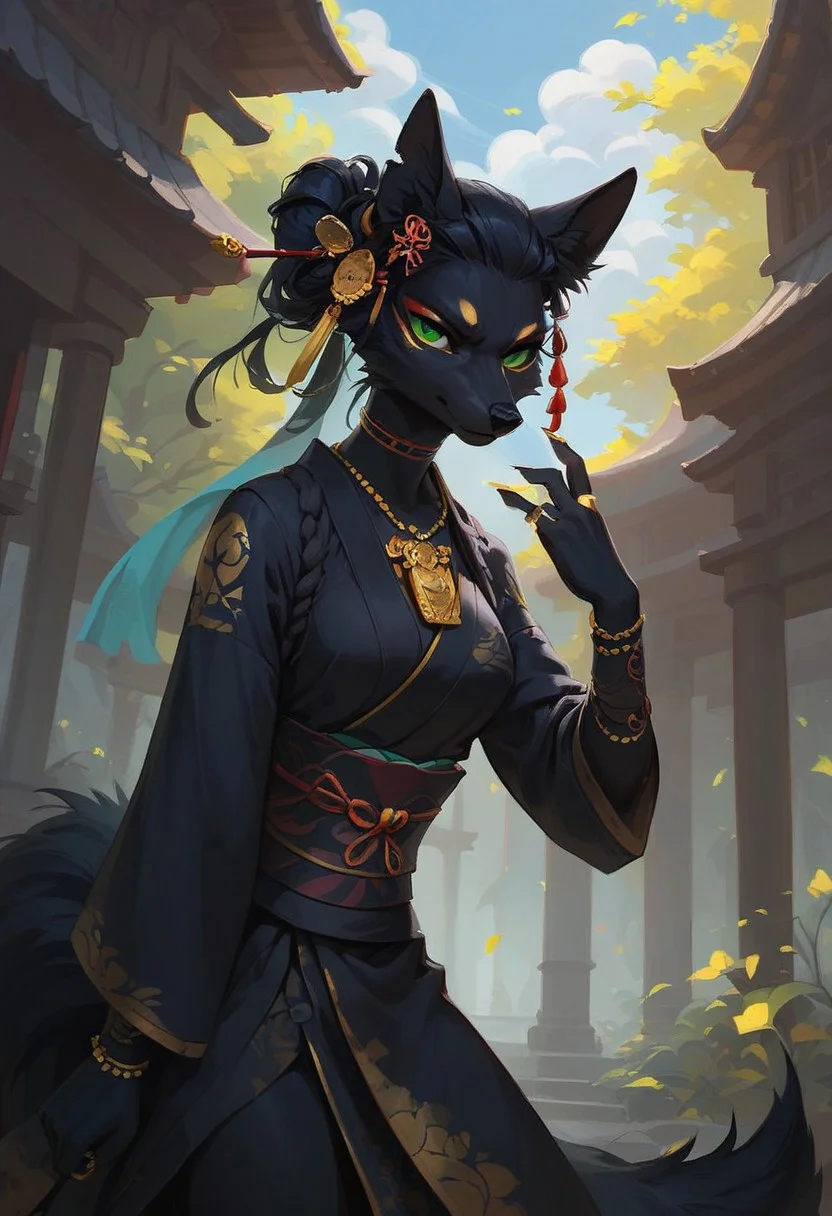 score_9, score_8_up, score_7_up, (1girl), solo Black furry fox  green eyes, dressed in a white and black men's kimono. The fur on the ears and tail is yellow (gold) at the very end. He stands with a staff in a fighting stance. a calm expression on his face. an abandoned Japanese temple. A bright day . Front flare lighting