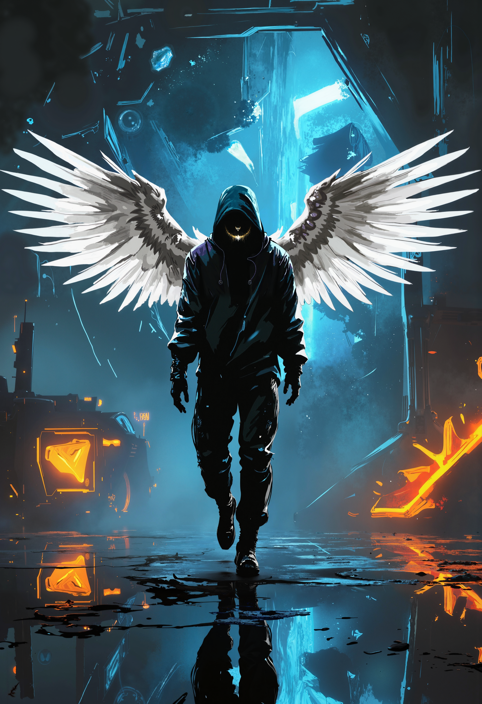 high quality, ultra detailed, colorful, dark cyberpunk fantasy, bo-neon, (bo-abyss:0.8), ArcaneFGTNR, A digital illustration shoot from a front camera angle about a mysterious figure with large white wings standing on a reflective surface, wearing a black hoodie and black pants. the figure is positioned in the middle of the image, with its wings spread wide, and its reflection can be seen on the reflective surface below. the background features a futuristic structure with blue lights and a dark, smoky atmosphere, creating a dramatic contrast with the figure's figure and wings. the image also shows a large, glowing orange flame at the bottom, adding a sense of depth and dimension to the scene. the overall mood is dark and mysterious, with a focus on the figure and its wings., partially blended with abstract digital elements. The scene has a dark, moody ambiance. The background features layers of glitch art, fragmented texts, and metallic textures. contrasting against the monochromatic tones of black, grey, and hints of silver gold. Smudged paint and scratches add a sense of decay and technology.<lora:boFLUX Abyss Neon.safetensors:0.8:0.8> <lora:Flux\boFLUX digital-abyss.safetensors:0.6:0.6> <lora:ArcaneFGTNR.safetensors:1.0:1.0>