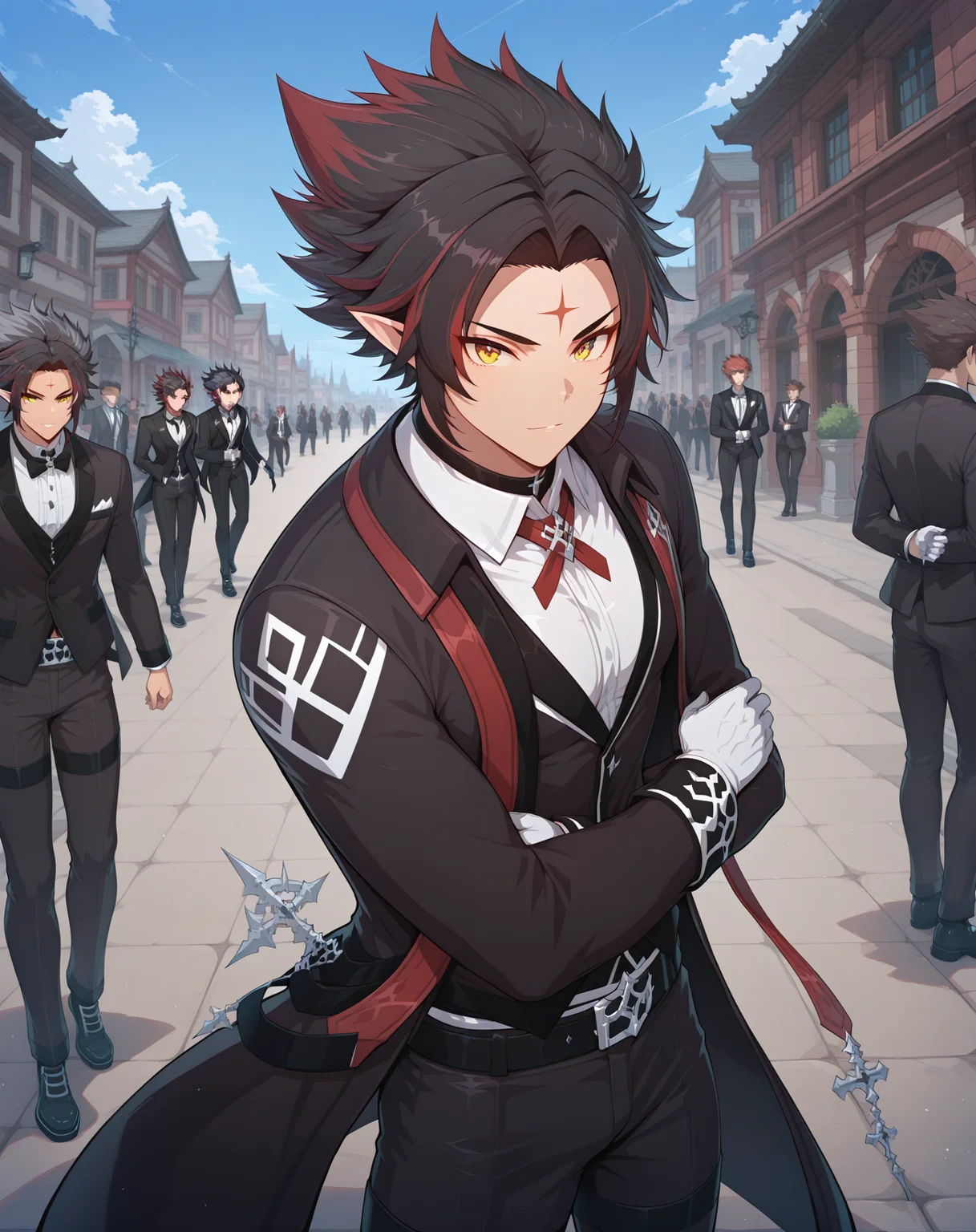 masterpiece, best quality, absurdres, very aesthetic,
1boy, solo, yaoi, male focus,
looking at viewer, cowboy shot, standing,
<lora:Ryan_Werewolf:1> ryanwerewolf, black hair, multicolored hair, pointy ears, facial mark, red hair, two-tone hair, streaked hair, forehead mark, yellow eyes,
tuxedo, neck ribbon, white shirt, collared shirt, black pants, shoes, black footwear, suit jacket, black jacket,
outdoors, day, blue sky, building, people,