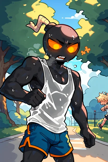 score_9, score_8_up, score_7_up,
((best quality)), absurdres,
<lora:WhittyPXL:1> whittypxl, black skin, glowing eyes, male, 1boy,
park, jogging, in motion, tank top, short shorts, translucent topwear, sweat, outdoors, half body portrait,
<lora:Smooth Anime Style LoRA XL:0.7> Smooth, Anime, <lora:Expressive_H:1> Expressiveh,
