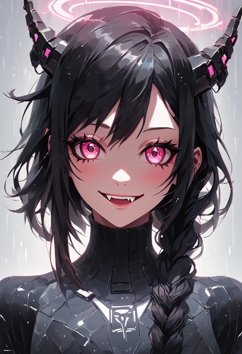 score_9, score_8_up, score_8, female, cel-shading, backlit, big eyes, cute eyes, delicate features, short hair, (braided hair), black hair, portrait, nsfw, smug, seductive eyes, horns, hologram halo, 0xYung, techwear, cyborg, cybernoir, heavy rain, rainrops, (((dark))), sexy, sensual glare, pink eyes, black sclera, big chest, lineless, flar color, toothy smile, fangs,