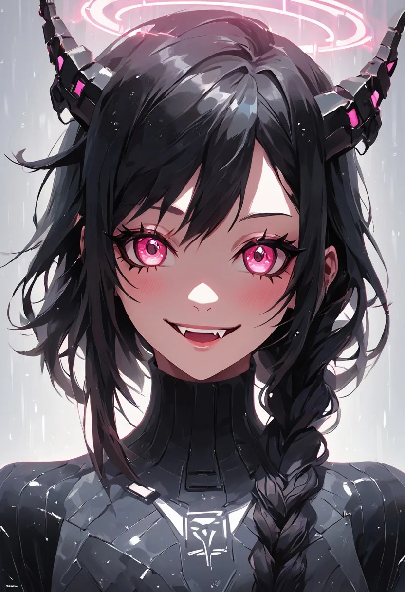 score_9, score_8_up, score_8, female, cel-shading, backlit, big eyes, cute eyes, delicate features, short hair, (braided hair), black hair, portrait, nsfw, smug, seductive eyes, horns, hologram halo, 0xYung, techwear, cyborg, cybernoir, heavy rain, rainrops, (((dark))), sexy, sensual glare, pink eyes, black sclera, big chest, lineless, flar color, toothy smile, fangs,