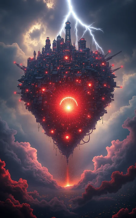 The floating Heart City of Ishtar drifts in the sky,built around a massive levitating mechanical heart that radiates warm red energy through a network of gears,pipes,and steam-powered flight rails. Above the city,a mythic thunder dragon coils through lightning-filled clouds,its body pulsing with electricity. As it approaches,the heart begins to flash erratically,illuminating the city in surges of red and white. (vivid style, architectural perspective, wide composition, electric storm atmosphere),
<lora:aidmaMJ6.1_v0.5_3:0.6>,aidmaMJ6.1,<lora:detailifier_sd3.5:1>,detailifier,