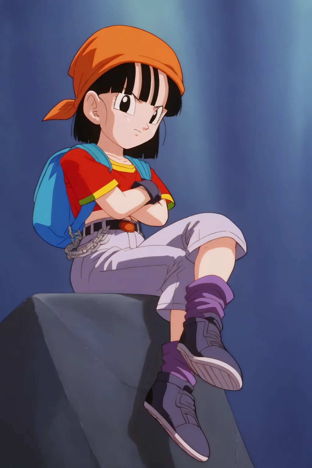 source_anime, score_9, score_8_up, score_7_up, anime screencap,8k, absurd res,
pan \(dragon ball\), 1girl, solo, looking at viewer, short hair, bangs, black hair, sitting, full body, short sleeves, sneakers, black gloves, gold trim, loose socks, belt, blue bag, black footwear, black eyes, chain, crossed arms, crossed legs, backpack, denim, red shirt, orange bandana, retro artstyle, female child, grey pants, fanny pack, purple legwear, shoe soles, v-shaped eyebrows, from below, rock, midriff, collarbone, 1990s \(style\)
<lora:panRemake_pony_v1:0.8>