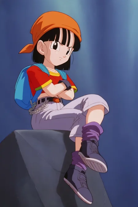 source_anime, score_9, score_8_up, score_7_up, anime screencap,8k, absurd res,
pan \(dragon ball\), 1girl, solo, looking at viewer, short hair, bangs, black hair, sitting, full body, short sleeves, sneakers, black gloves, gold trim, loose socks, belt, blue bag, black footwear, black eyes, chain, crossed arms, crossed legs, backpack, denim, red shirt, orange bandana, retro artstyle, female child, grey pants, fanny pack, purple legwear, shoe soles, v-shaped eyebrows, from below, rock, midriff, collarbone, 1990s \(style\)
<lora:panRemake_pony_v1:0.8>