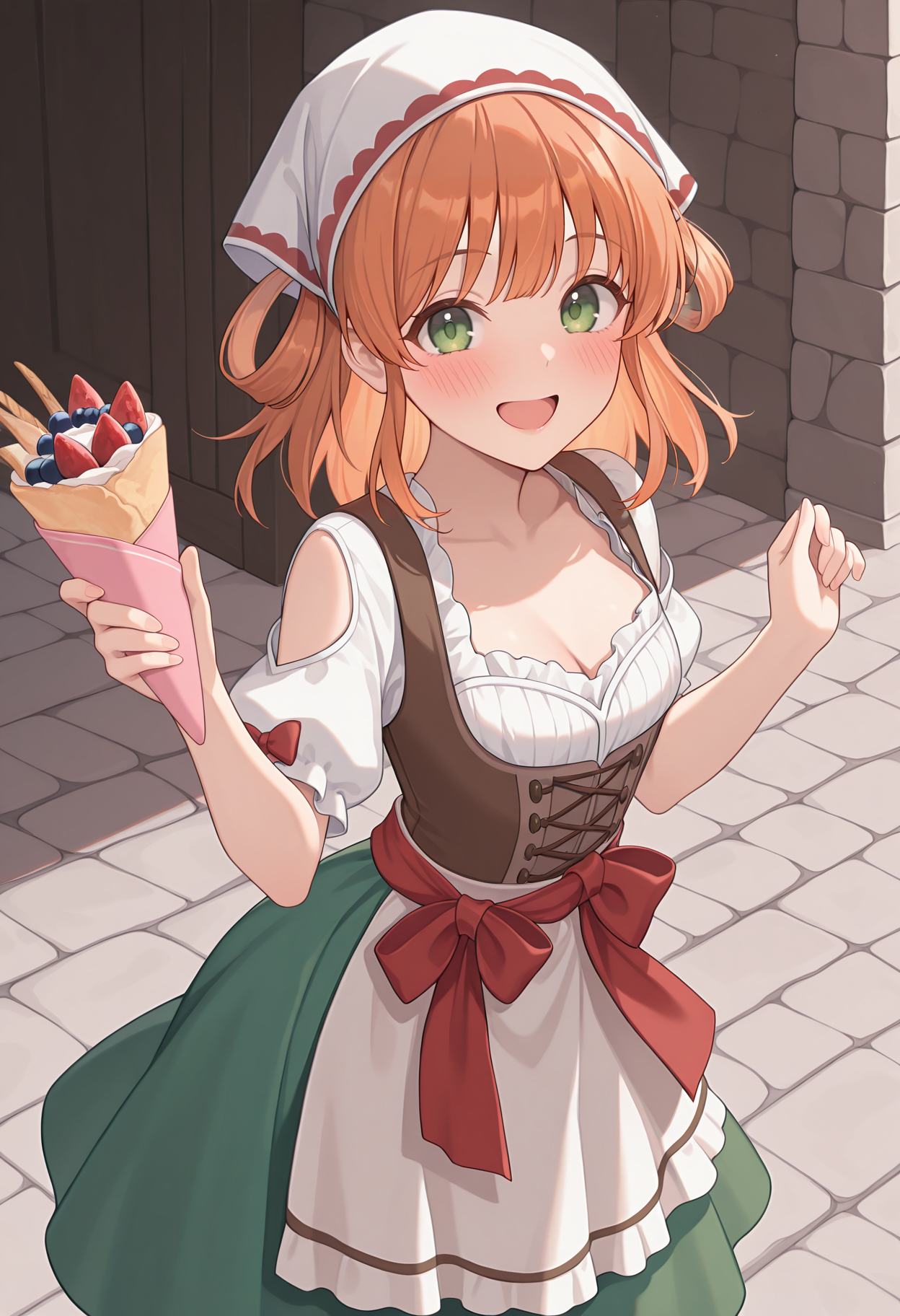 highres, best quality, masterpiece, medieval,
1girl, solo, pcrrino, hair rings, orange hair, brown hair, medium hair, green eyes,
rinocre, white headwear, head scarf, dirndl, red bow, waist bow, apron, green skirt,
looking at viewer, blush, smile, open mouth, 
crepe, hands up,
<lora:_rino_pcr-elesico-ilxl:1>