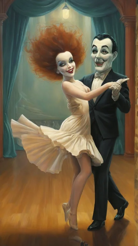 a surreal image in lowbrow art style of a gorgeous couple dancing Rumba on a dancefloor, joyful facial expression, sexy, A nightmare mood.
