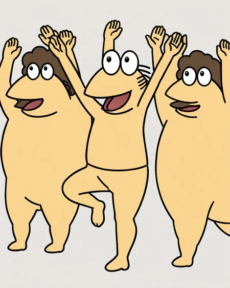 masterpiece, best quality, very aesthetic, absurdres,  <lora:Yakiu_AnimagineXLv31_v2-000050:0.8>yakiu, 6+boys, black eyes, full body,open mouth, standing on one leg, half-closed eyes, smile, arms up,