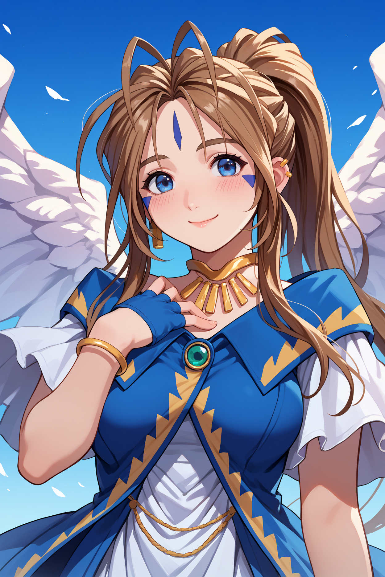 score_9, score_8_up, score_7_up, score_6_up, source_anime, 1girl, solo,  <lora:belldandy-pdxl-nvwls-v1-000006:1> amgBDD, brown hair, ponytail, antenna hair, blue eyes, forehead mark, facial mark, necklace, gold ear piercings, earrings, blue and white dress, off-shoulder dress, white skirt, angel wings, large breasts, upper body, looking at you, smile, blue sky, city, hand on own chest, blue gloves, fingerless gloves, bracelet, happy, closed mouth, blush