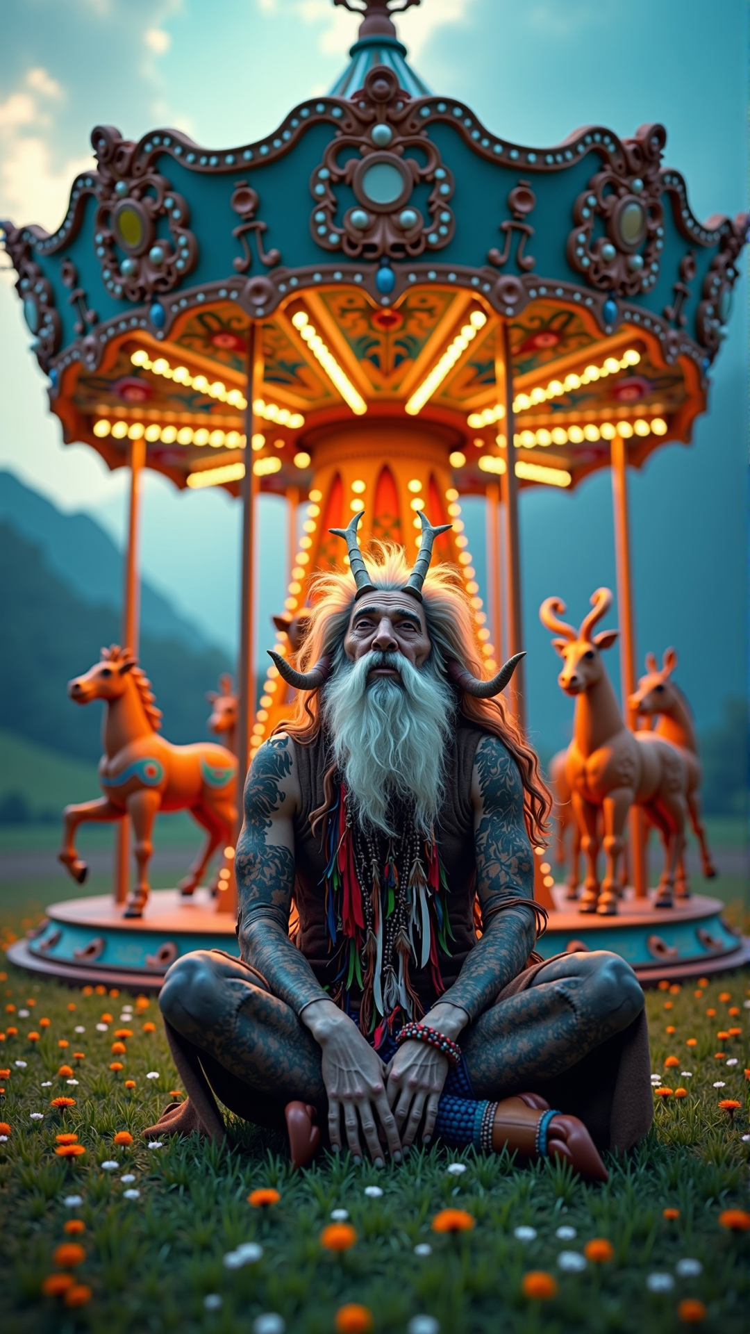 A creative picture of a KrampusStyle A shaman with wild grey hair and a wispy beard, dressed in a worn deerskin tunic adorned with feathers, bones, and colorful threads, sits cross-legged in the center of a vibrant merry-go-round, its wooden horses, giraffes, and other animals intricately carved and painted in bright hues, as the structure slowly rotates, surrounded by a lush green field dotted with wildflowers of every color, the sun shining down, casting a warm glow, the shaman's eyes closed, hands raised to the sky, face tilted upwards, mouth open in a silent chant, a halo of light around their head, the air filled with swirling patterns of light and energy, visions of ancient rituals, mystical creatures, and far-off lands unfolding like a kaleidoscope around them, the merry-go-round's music, a lively mix of drums, flutes, and chimes, blending with the whispers of the wind, as the shaman's trance deepens, the visions intensify, and the colors around them grow more vivid, the scene a dynamic, dreamlike tapestry of sound, color, and movement.. Dark, atmospheric and moody atmosphere.
<lora:KrampusStyleFlux:__wildcards/numbers/07-09__>