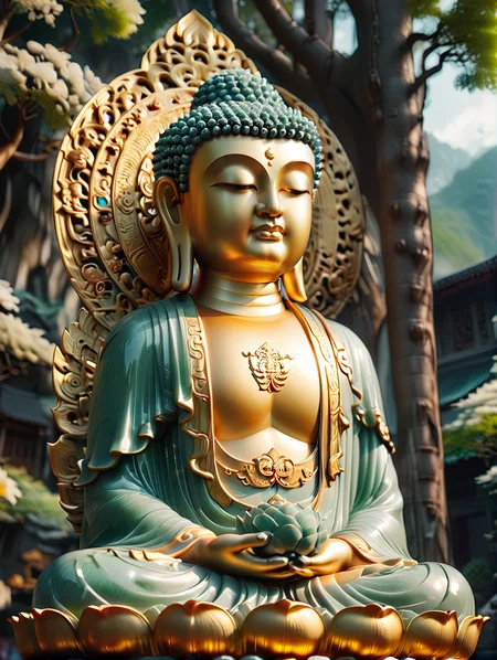 from_below,<lora:SDXLä½åé¿å½éä½:0.8>,1 standing buddha statue,, 8K, best quality, blurred, bokeh, depthoffield, filmgrain, glisteningskin, HDR, highres, Kodakportra400, lens flare, masterpiece, photography,   RAW photo, realistic, shar pfocus, ultra detailed, ultra highres, vibrant color, ((Best Quality)),((Masterpiece)),(Details),jade carving,(amethyst:0.5),gold and jade carving,lifelike details,very good light transmittance,Jade,three-dimensional,3D,blender,C4D,<lora:å¾®ç¸®çç³å±±æ°´ç«shanshui:1>,