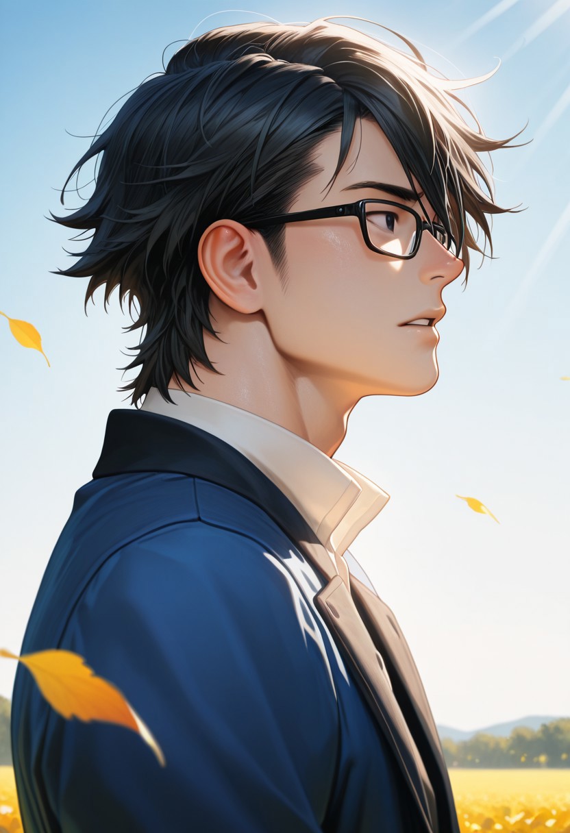 masterpiece, best quality, amazing quality, absurdres, newest, detailed background, definition so sharp, Ultra-HD, 8K cinematic, very awa, impressionate, amazing quality, highres, d10w21ll,
solo, male focus, manly, mature male, bara, day, blue sky, outdoor, sunbeam, windy, flying leaf, 
1boy, short hair, glasses, saruhikofushimi, saruhiko_black hair, saruhiko_black eyes, blue coat, collared shirt, side view, looking far away,
calm expression, parted lips, depth on field, upper body, focus on scene