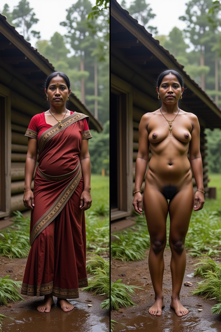 Side-by-side photos of a Sri Lankan woman wearing a traditional dress standing outside a log cabin in a forest on a cloudy day, rain in the forecast, left side clothed, right side fully naked