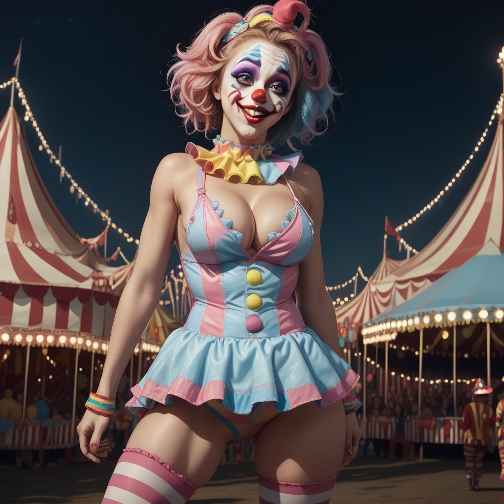 score_9, score_8_up, score_7_up, score_6_up, rating_explicit, dramatic lighting, dynamic angle, ultraHD, ultrarealistic, 8K,realistic, ultrarealistic, 8k, ((((nighttime)))), (((((circus by night))))), (((carnival background))), ((((dark night sky)))), ((ferris wheels in background)), BREAK, 1girl, clown, clown girl, cute face, coy face, ((creative clown makeup)), zigzag makeup, seductive smile, wide hips, perky breasts, exposed breasts, pastel pink, pastel blue