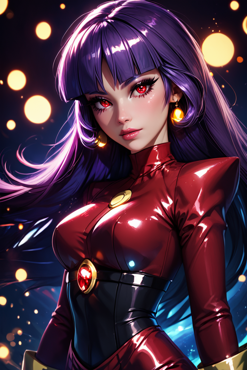 score_9, score_8_up, score_8, medium breasts, (curvy), cute, eyelashes,       BREAK, , ,,,   zzSabrina, red eyes, long hair, blunt bangs, sabrina (pokemon), purple hair, pantyhose, black hair, long sleeves, red skirt,  white gloves, black bodysuit,  ,<lora:Sabrina_Pokemon_PDXL:0.8>, ,,, , BREAK,  (ultra realistic,32k, masterpiece:1.2),(high detailed skin:1.1),( high quality:1.1), head tilt, lips, closed mouth, shiny clothes, (upper body), looking at viewer, bokeh, luminescent background, ,,, embedding:zPDXL, Expressiveh, ,,, <lora:RlAnmPDXL:1.0>,