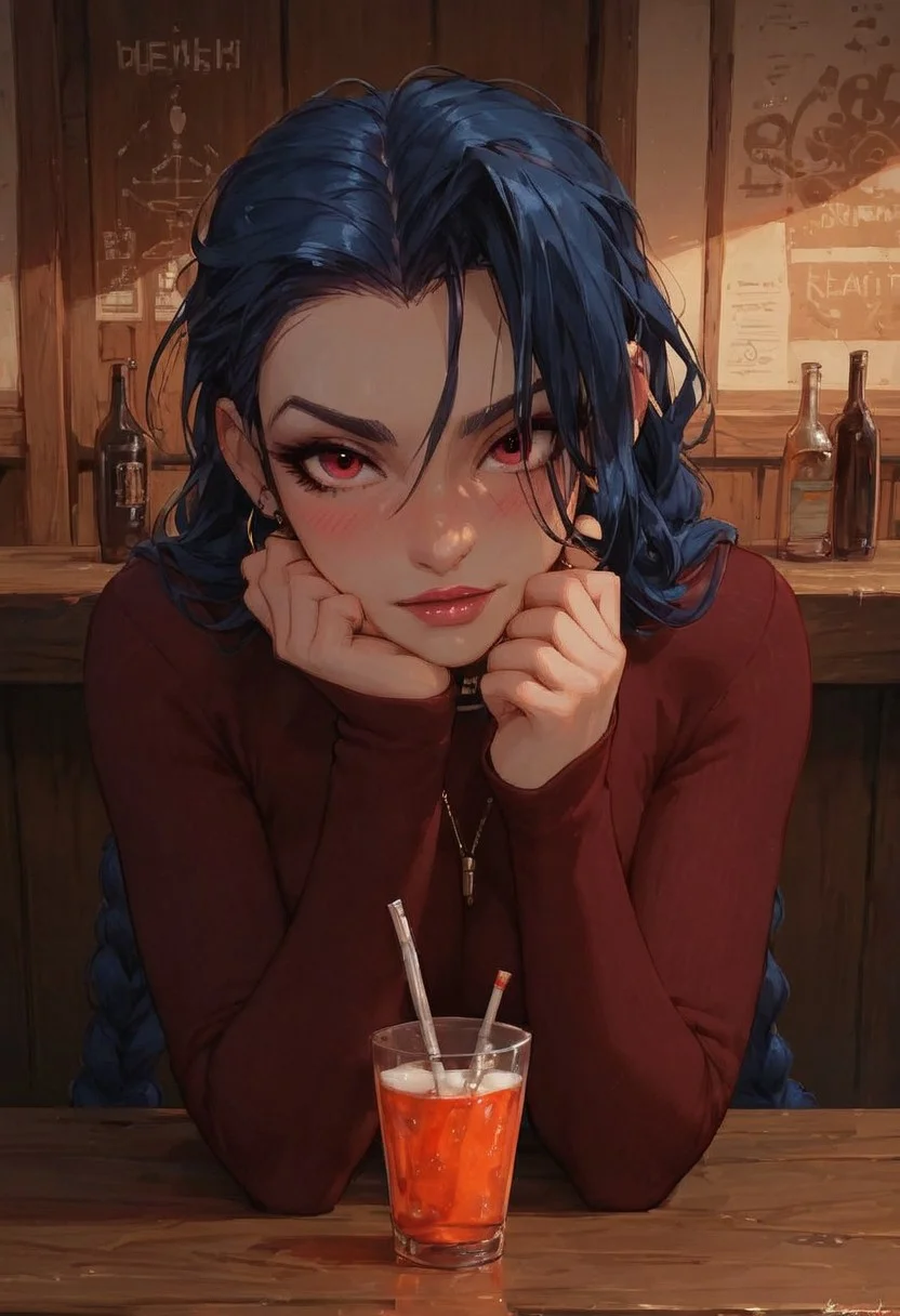 score_9, score_8_up, score_8_up, 1girl, high res image, masterpiece, torches, high contrast shadows, beautiful girl, stunning girl, perfect body, jinx, beautiful face, beautiful eyes, tight dark red shirt, long sleeves, bar, table, detailed background, perfect boobs, girl sitting behind table, upper body view, looking at viewer, drink, straw, blushing, talking