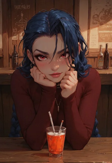 score_9, score_8_up, score_8_up, 1girl, high res image, masterpiece, torches, high contrast shadows, beautiful girl, stunning girl, perfect body, jinx, beautiful face, beautiful eyes, tight dark red shirt, long sleeves, bar, table, detailed background, perfect boobs, girl sitting behind table, upper body view, looking at viewer, drink, straw, blushing, talking