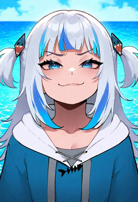 highres, safe, 1girl, gawr gura, two side up, cute, blue eyes, hoodie, small body, cleavage, flat chest, anime, tropical beach, masterpiece, best quality, newest, absurdres, nyantcha art, detailed, solo, smug, sea,