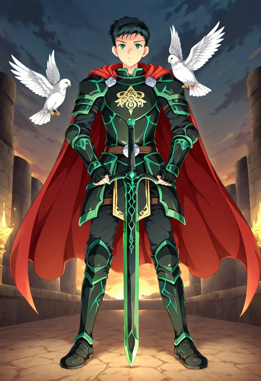 yuto_umemura, black hair, short hair, mint green eyes, he is dressed in a suit of dark iron platemail. Break. he is holding up a black coloured sword. Properly holding the sword by the hilt, his armour bears a crest of a yellow dove. fantasy armour. stylized silver dove emblems and symbols on armour and sheild. Break. epic background is a a beautiful palace. a strong wind is blowing his cape., black armour
