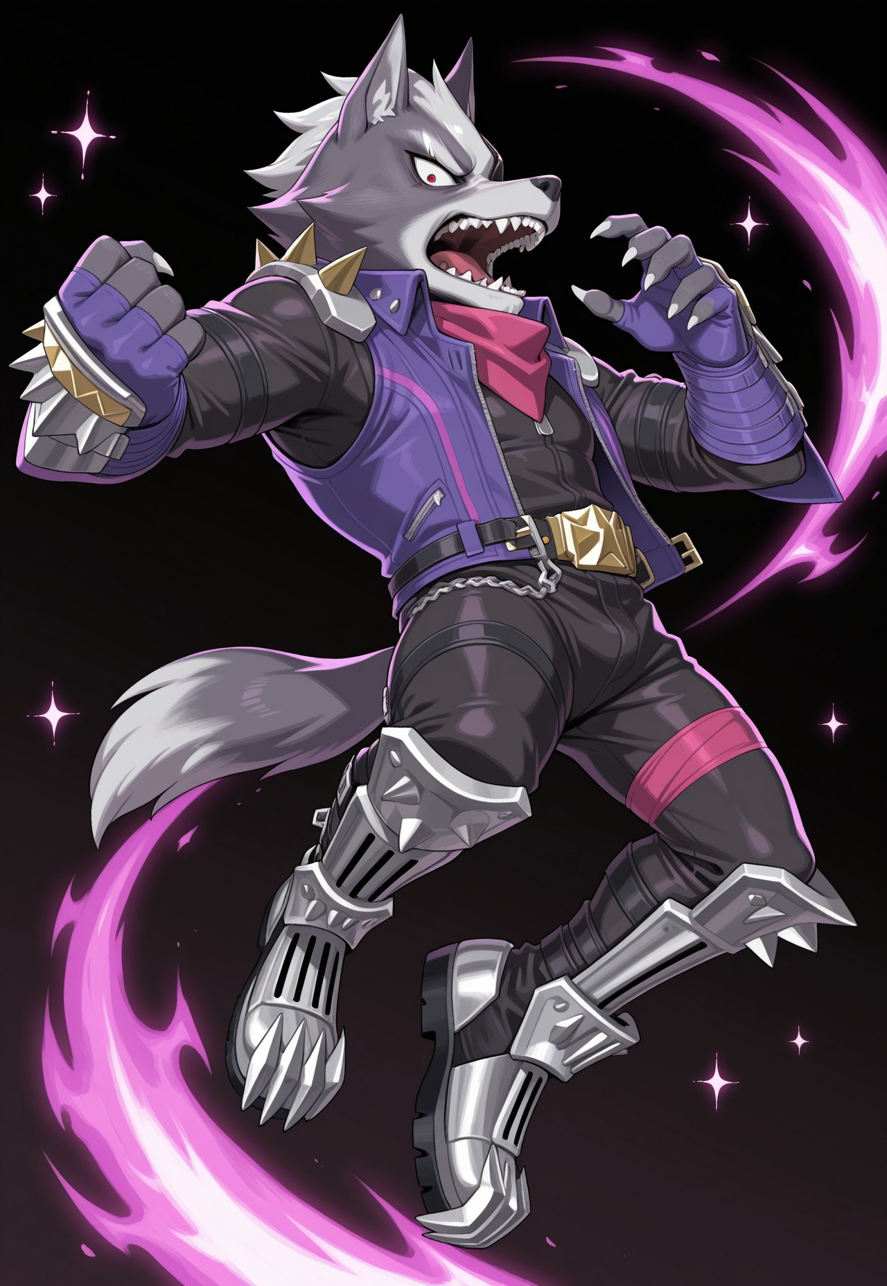 masterpiece, best quality,amazing quality, black outline, full body, black background, pink and blue flames in background, sparkles, dynamic angle, solo, jumping, action pose, Wolf O'Donnell, Red Eye, Eyepatch On Right Eye, Pink Kerchief, Purple Sleeveless Jacket, Black Bodysuit, Purple Fingerless Gloves, Metal Boots, Gold Buckle, looking at viewer, angry, open mouth, anthro, tail, mature male