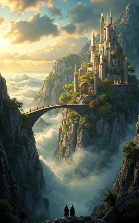 a wide aerial view of a floating elven city in the sky,with two elven figures walking side by side across a glowing skybridge,the bridge arching between tall crystal towers,surrounded by clouds and golden light,majestic and serene atmosphere,vivid style,magical fantasy architecture.,
<lora:aidmaMJ6.1_v0.5_3:0.6>,aidmaMJ6.1,<lora:klordoftherings-01:0.6>,klordoftherings,