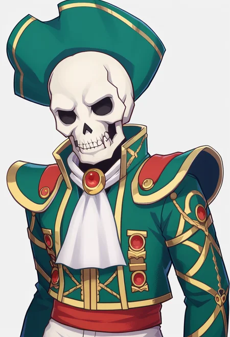 score_9, score_8_up, score_7_up, source_anime BREAK 1boy, solo,
<lora:zs_EngagePortraitsXL:1> engageportraits, portrait, white background,
plain background, upper body
<lora:zs_MatadorXL:1> matadorsmt, hat, skull, green jacket, white ascot, white pants, white gloves, green boots, plain background