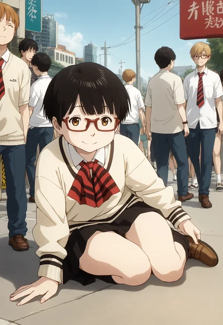 <lora:Hyper-SDXL-8steps-lora:1> <lora:Fixhands_anime_bdsqlsz_V1:1> zPDXL2, score_9, score_8_up, score_7_up, source_anime, intricate details, perfect anatomy BREAK
outdoors, city, tokyo, japan, audience, crowd, on ground, on side, looking at viewer, elbow rest, Happy, wide smile with raised cheeks and crow's feet around the eyes., 1girl, solo, solo focus,
<lora:dededede-koyama_kadode_XL(pony)v10:1> dededede-kadode, black hair, short hair, brown eyes, glasses, school uniform, ascot, yellow sweater, black skirt, black socks, brown shoes,