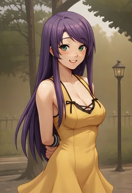 Score_9_up, score_8_up, score_7_up, BREAK, 1girl, tennispmnf, purple hair, green eyes, yellow dress, wristband, average breasts, cleavage, hands behind back, park, smile, blushing