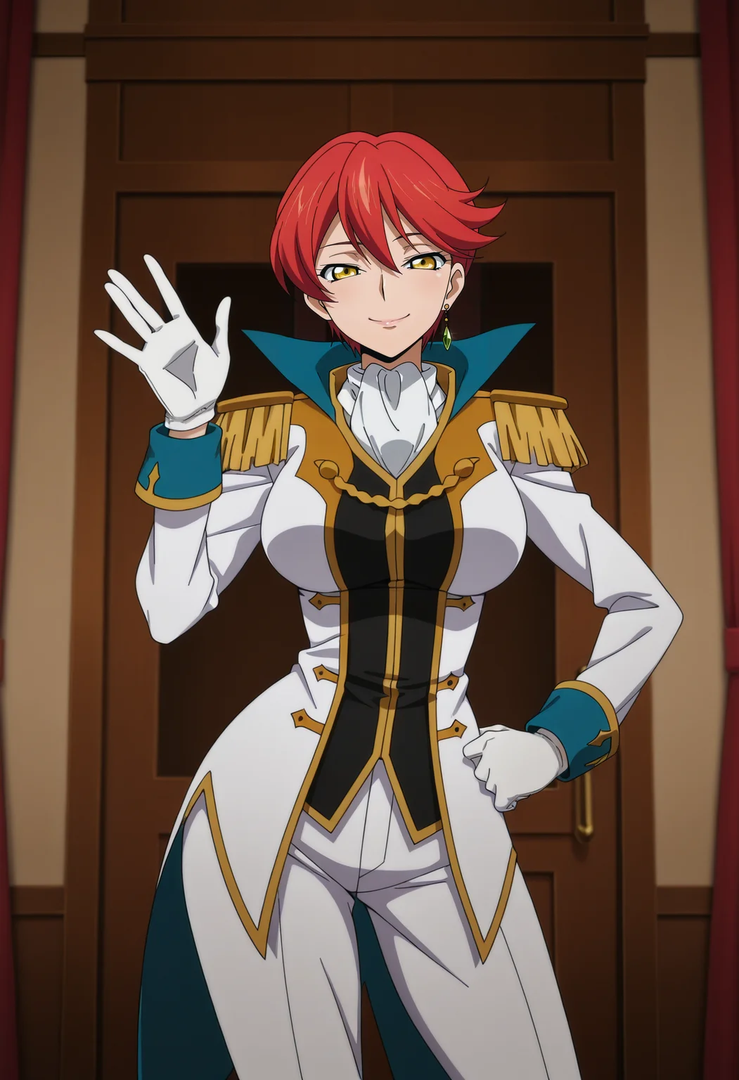 1girl,solo,mm,mature female,short hair,red hair,yellow eyes,single earring,large breasts,anime coloring,
uniform,epaulettes,gloves,ascot,cowboy shot, waving, hand on own hip, contrapposto, indoors,smile,looking at viewer,
,masterpiece,best quality,amazing quality,<lora:Narah_Vaughn-Code_Geass-Dakkan_no_Rozé:0.8>