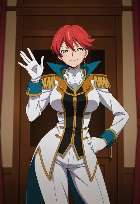 1girl,solo,mm,mature female,short hair,red hair,yellow eyes,single earring,large breasts,anime coloring,
uniform,epaulettes,gloves,ascot,cowboy shot, waving, hand on own hip, contrapposto, indoors,smile,looking at viewer,
,masterpiece,best quality,amazing quality,<lora:Narah_Vaughn-Code_Geass-Dakkan_no_Rozé:0.8>