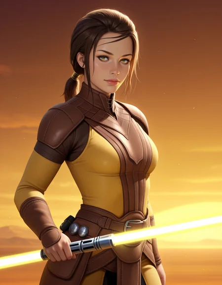 Masterpiece, high-res, 2k, best quality, 2.5d, realistic, 1 girl, bastila shan <lora:bastila_shan_illus-000034:1> holding a yellow lightsaber
