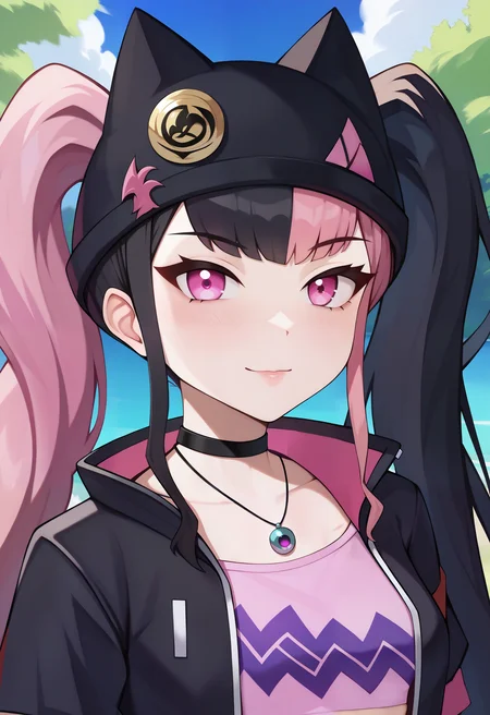 score_9, zoe_rayne, 1girl, solo, pink eyes, asymmetrical legwear, jewelry, twintails, multicolored hair, pink hair, black hair, black jacket, looking at viewer, two-tone hair, choker, hat, long hair, midriff, small breasts, outdoors, upper body <lora:Palworld-Zoe_Rayne:0.8>