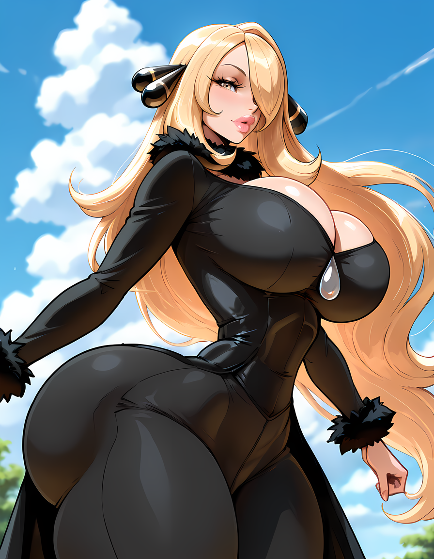 high quality, score_9, score_8_up, source_7_up, very aesthetic, high resolution, newest, depth of field, volumetric lighting, (masterpiece, best quality, ultra-detailed, High detailed), beautiful faces, more detail XL, absurdres,masterpiece,best quality,amazing quality, masterpiece,best quality,amazing quality, 8k, 
BREAK  <lora:style_hhammerh_r2:1> style_hhammerh, wide hips, narrow waist, big ass, large breasts, thick thighs, big lips, pokemon, cynthia, blonde hair, hair ornament, hair over one eye, long hair, yellow eyes, black coat, black pants, black shirt, coat, fur collar, fur trim, fur-trimmed sleeves, pants, shirt,, upper body, detailed background, dynamic pose, sky, day time, clouds, looking at viewer