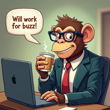 Monkey in suit, glasses, coffee, business man, indoors, company, computer,he has speech bubbles that reads:"Will work for buzz!"
