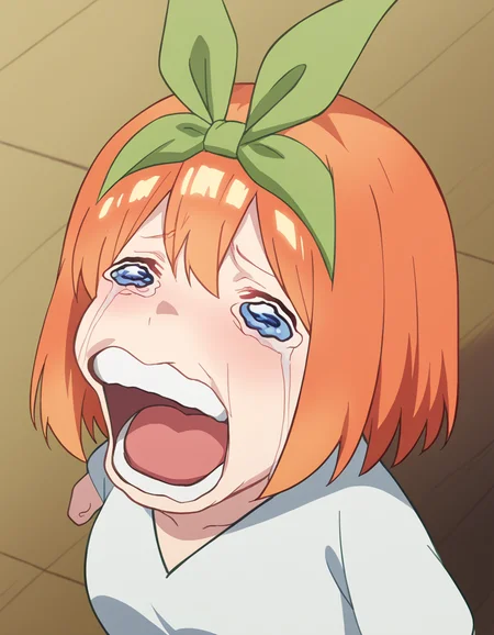 score_9, score_8_up, score_7_up, source_anime, <lora:yotsuba-nakano-s2-ponyxl-lora-nochekaiser:1>, yotsuba nakano, bangs, short hair, blue eyes, hair between eyes, hair ribbon, hairband, orange hair, green ribbon, large breasts,, <lora:chopper-crying-ponyxl-lora-nochekaiser:1> chopper crying, chopper crying (meme), meme, wavy eyes, crying, tears, teeth, open mouth, tongue,, ,