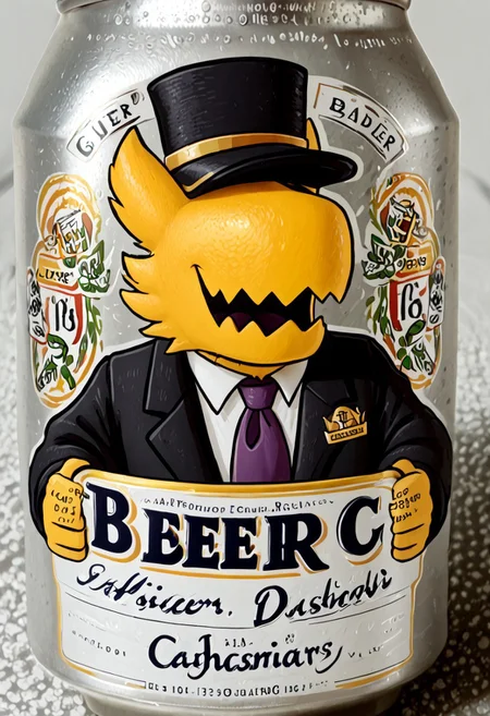 beerlabel, beer can, (the conductor \(ahit\) , yellow body, no eyes, bird, conductor outfit, open mouth, conductor hat), solo