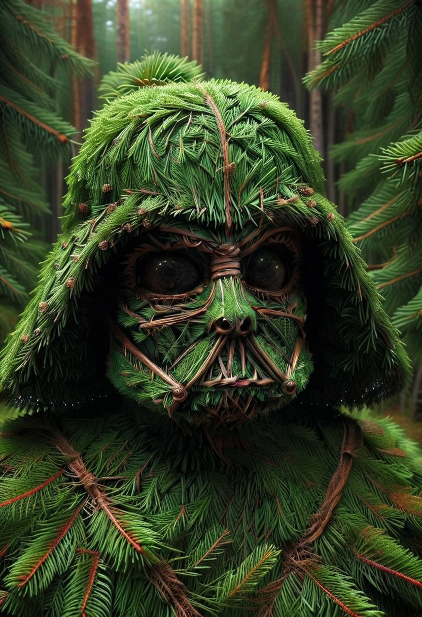 (HD, masterpiece, best quality, ultra detailed), pg-rated, a Darth Vader made out of fir needles, fir needle style, fir needle, made out of fir needles, fir forest background