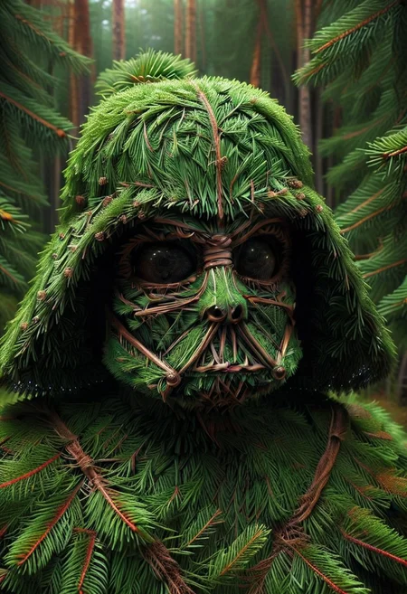 (HD, masterpiece, best quality, ultra detailed), pg-rated, a Darth Vader made out of fir needles, fir needle style, fir needle, made out of fir needles, fir forest background