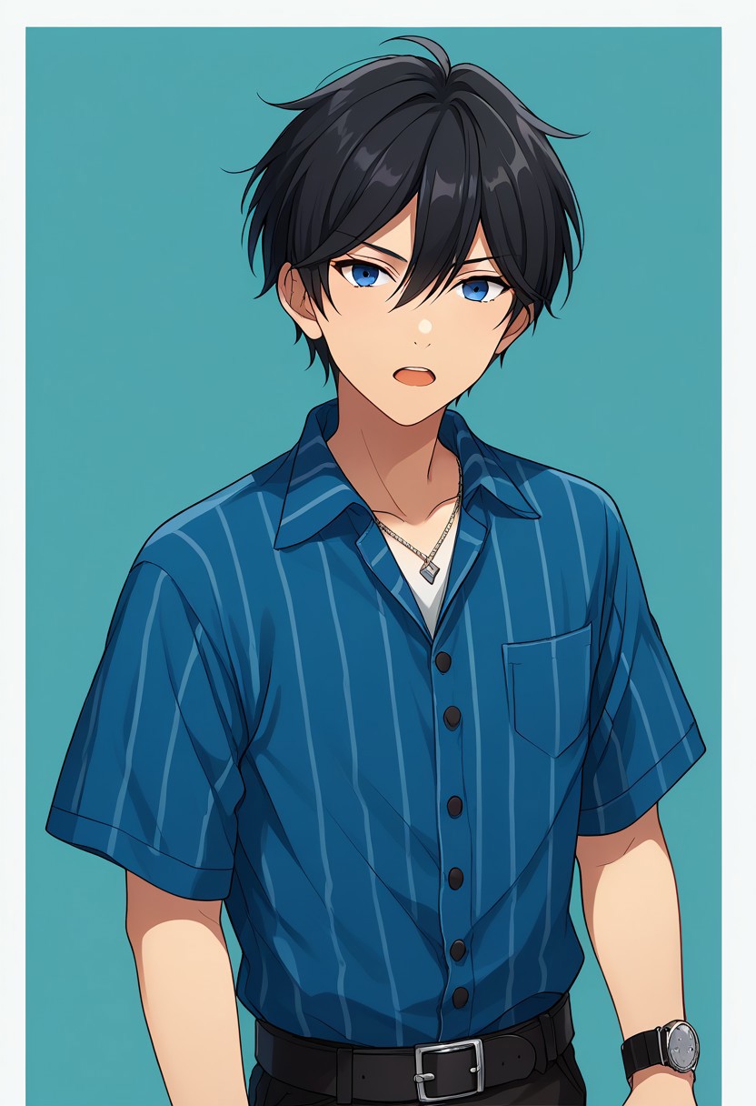 score_9, score_8_up, score_7_up, source_anime, highly detailed, 
hokuto, 1boy, male focus, solo, blue eyes, shirt, black hair, striped, blue shirt, short sleeves,
looking at viewer, hair between eyes, watch, belt, bangs, open mouth, striped shirt, vertical-striped shirt, pants, vertical stripes, :o, black pants, wristwatch, necklace, collared shirt, jewelry, short hair, upper body,