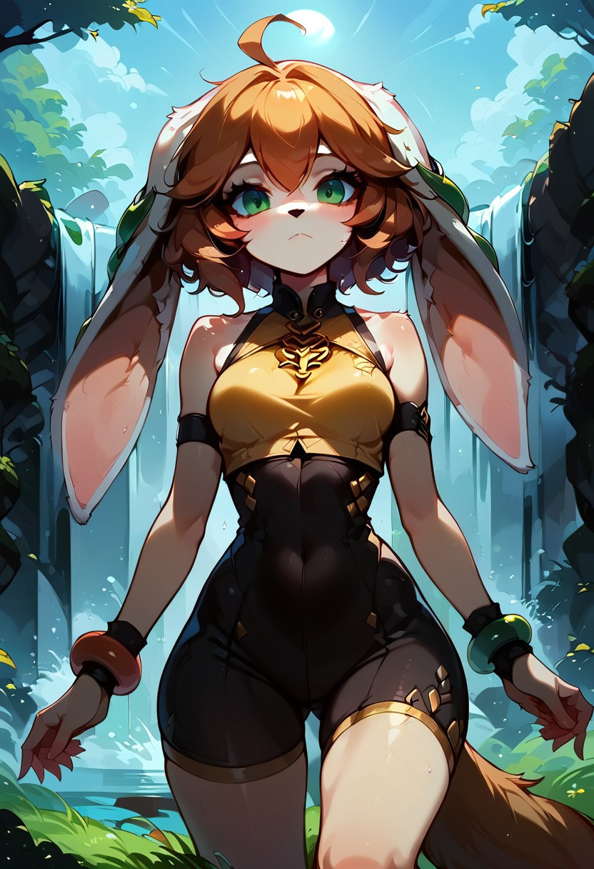 score_9,score_8_up,score_7_up,score_6_up,score_5_up,score_4_up, 1girl, (wide hips),high contrast,front view,smooth Anime,anime style, fit body, milla basset, long ears, two green gems on each ear, furry tail, orange hair, green eyes, small breasts, (white fur, colored body), default clothes, yellow straps on the leggings, black romper, turtleneck, bracelets, bracelets on ankles, yellow crop top, outside, closed mouth, front view, detaild face, quadruped walk, side view, waterfalls on background, on grass, sun reflexes, clear view