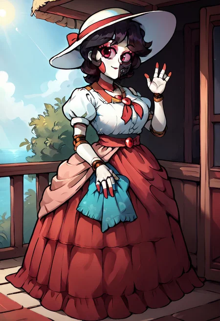 zPDXL3, score_9, score_8_up, score_7_up, score_6_up, score_5_up, score_4_up, Aria, IncrsPchVacation, short black hair, red skirt, sun hat, puffy sleeves, white shirt, long skirt, puffy short sleeves, short sleeves, white headwear, high heels, shirt, jewelry, white skin, pale skin, robot joints, waving, looking at viewer,