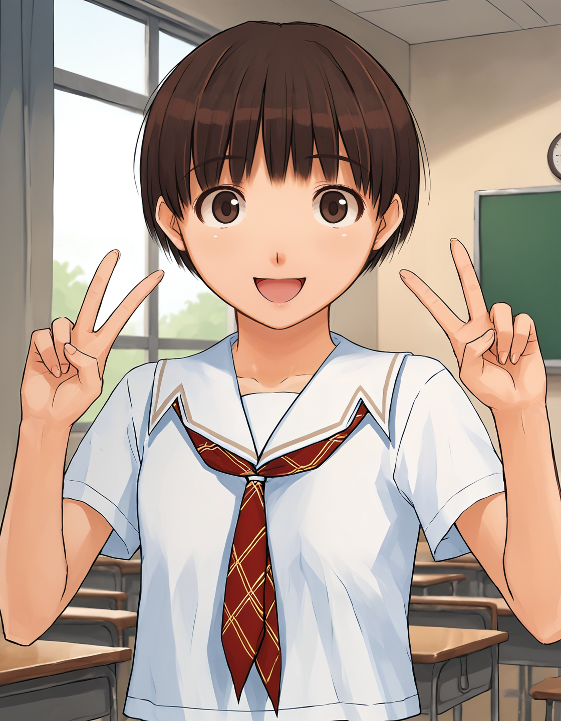 score_9, score_8_up, score_7_up, score_6_up, score_5_up, score_4_up, <lora:NarumiS_T1V0:0.85>, <lora:sdxl_lightning_8step_lora:1>,
source_anime, 1girl, solo,
NarumiS_T1V0, brown hair, short hair, brown eyes, 
school uniform, serafuku, 
white sailor collar, red neckerchief, plaid neckerchief, 
white shirt, short sleeves, 
hands up, double v, 
looking at viewer, smile, open mouth, :d, 
indoors, classroom, window,