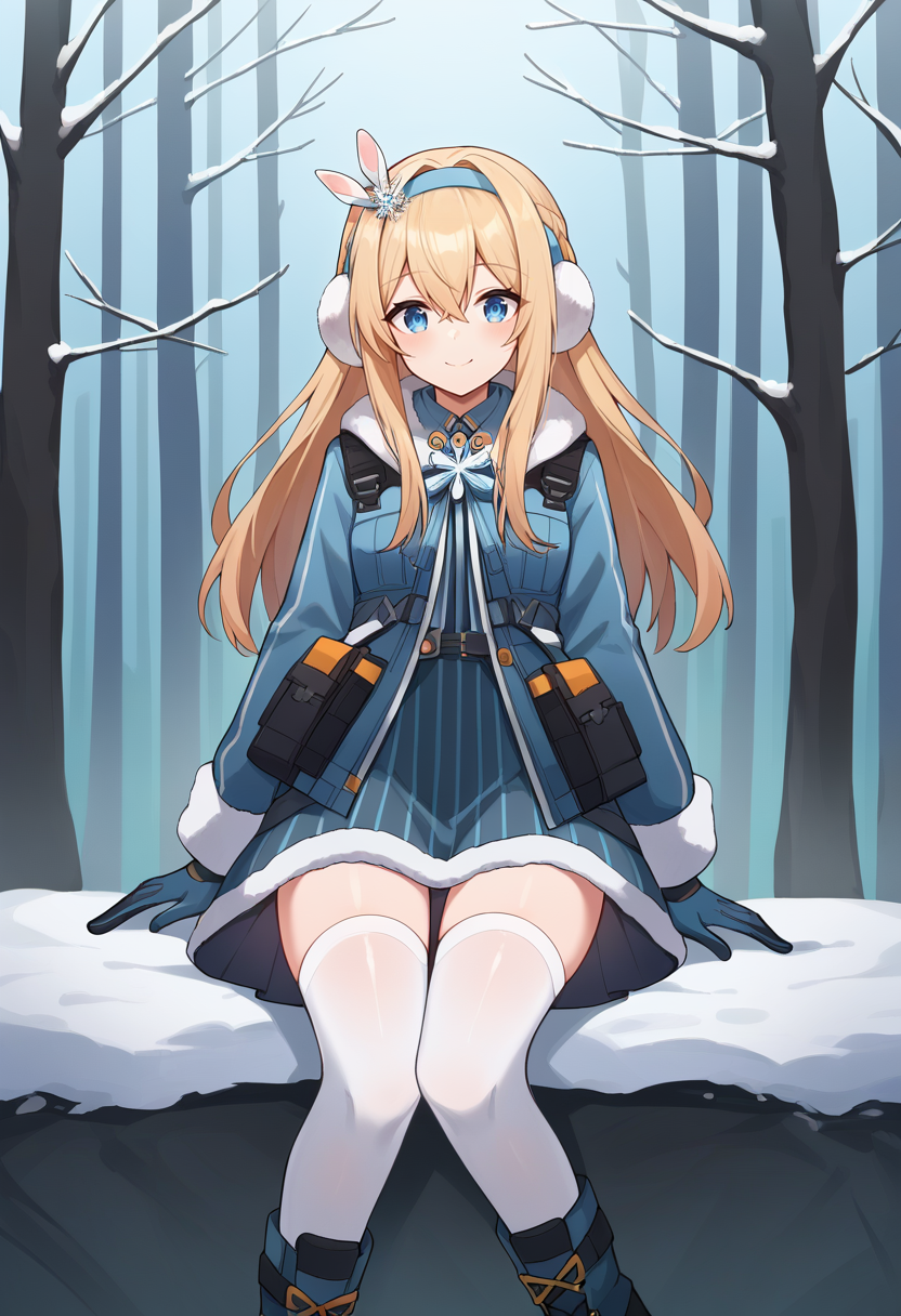 <lora:Suomi-05:1>, suomi, long hair, blue eyes, hairband, blonde hair, snowflake hair ornament, gloves, suomi (girls' frontline), fur trim, blue hairband, hair between eyes, jacket, white thighhighs, boots, long sleeves, smile, forest, snow,, score_9, score_8_up, score_7_up, source_anime,