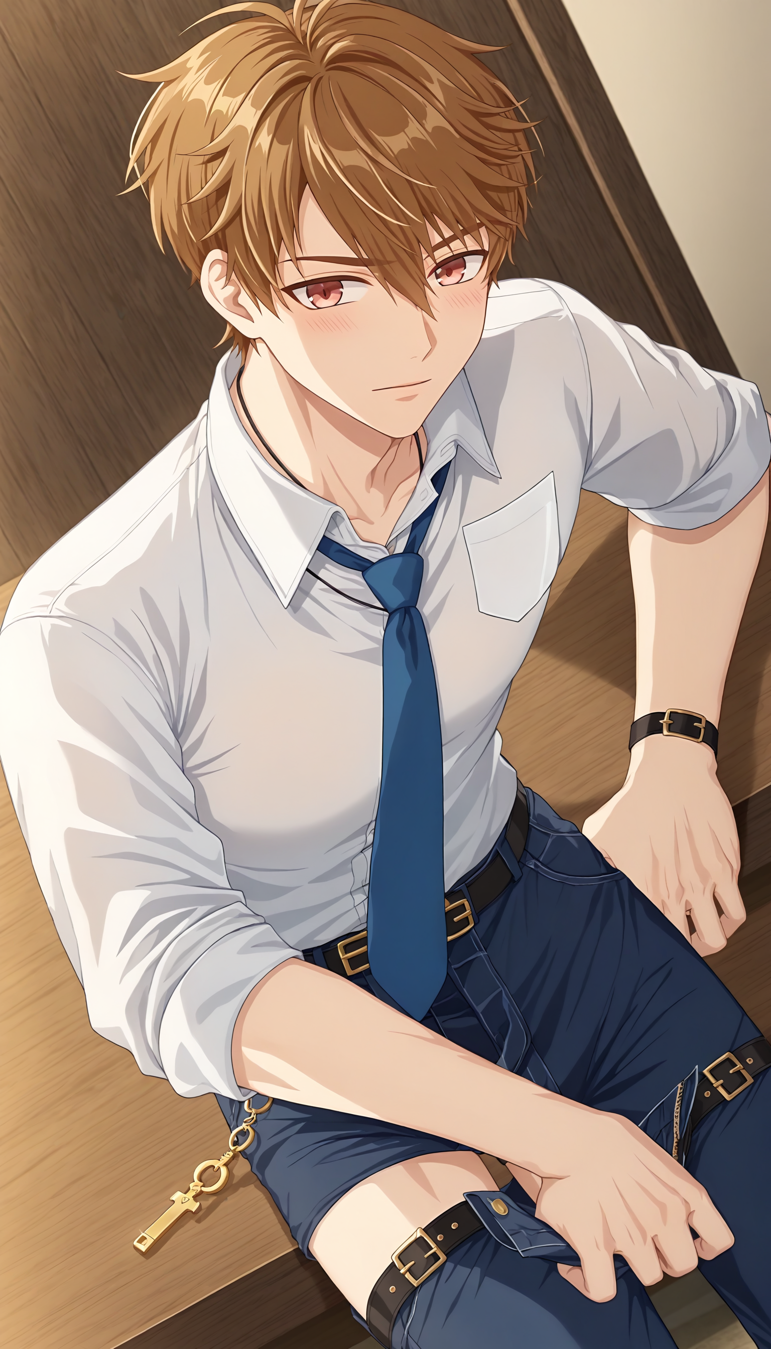 score_9, score_8_up, source_anime, anime screencap, original style, depth of field, BREAK, rating_nsfw, explicit, uncensored, 1boy, solo, male focus, mature male, yaoi, dutch angle, <lora:xia_yan_pony:1>, xia_yan_pony, brown hair, hazel eyes, short hair, hair between eyes, bangs, key necklace, white shirt, collared shirt, necktie, blue neckwear, undone necktie, pants pull, dress pants, thigh strap, black straps, looking at viewer, <lora:sdxl_lightning_8step_lora:1>  <lora:xl_more_art-full_v1:0.3>