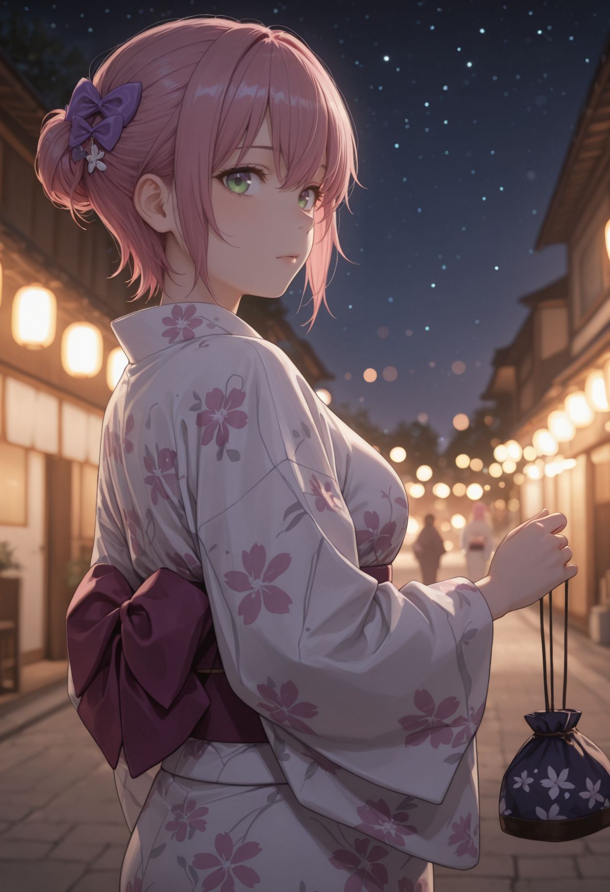 masterpiece,best quality,absurdres,highres,very aesthetic,high quality,detailed,insanely detailed,beautiful,perfect lighting, ,depth of field,blurry background,bokeh, looking at viewer, 
,  <lora:Sakuragi Naruha Illu :1> 1girl, short hair, pink hair, purple eyes,
night sky, hair ornament,, floral print, star (sky), bag, yukata, sash, obi, outdoors, starry sky, looking at viewer, holding, long hair, green eyes, hair bow