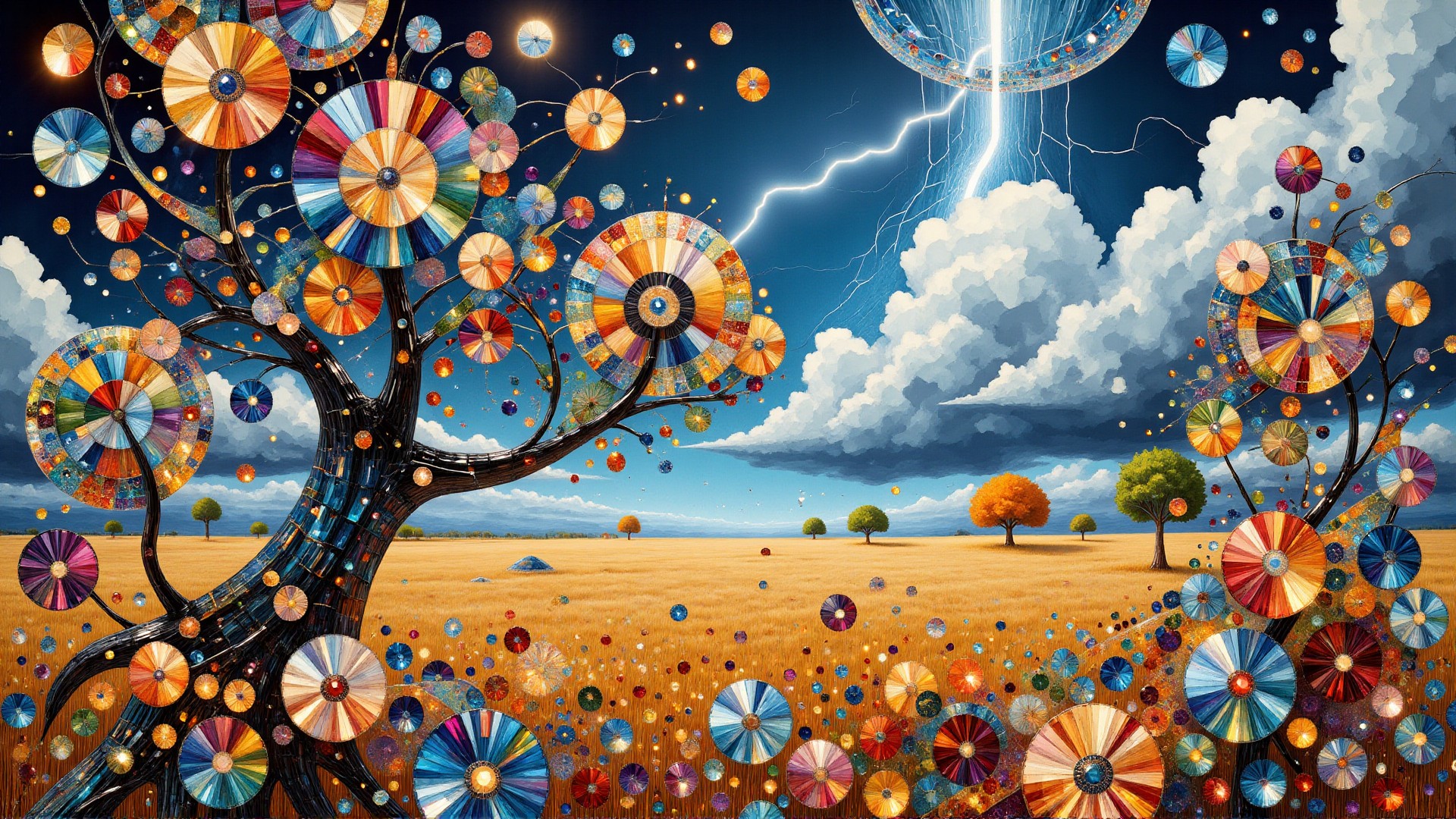 The basic cs-cr1stal scene is savannah, stormy sky with lightning. The picture combines Fauvism sophisticated elements with a modern interpretation characterized by elegant lines, a summer color palette, and intricate reticulated details. The background skilfully blends shapes into a Surrealist backdrop. <lora:midjourney_whisper_chromaplex_v1:0.8> <lora:Crystality Flux_v1:0.8>