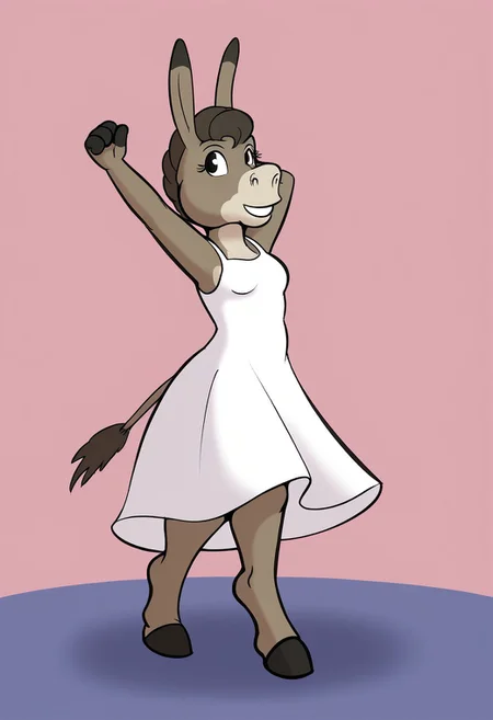 ThuStyle, Donkey Girl, Solo, Sundress, Dancing, from slight angle,