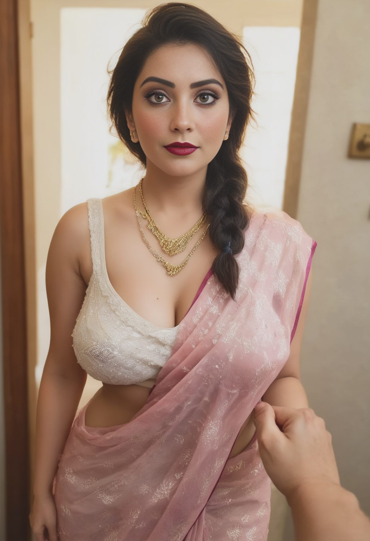 score_9, score_8_up, score_8, Expressiveh, sexy 28 year old (elsea frozen), large perfectly round breasts, (((sindoor))),( saree, sleeveless blouse, traditional Saree, pallu, navel visible through transparent saree), (navel visible, hips, curvy),((falling off shoulder, one breast visible)), necklace,((accidental nip slip, accidental downblouse)), answering her door, standing in doorframe, blushing, cleavage, petite body, golden hour lighting, dutch angle, highest quality, perfect face, eye contact, brown eyes, seductive look on face, semi realistic, dark red lipstick, full pouty lips, highest quality, beautiful black hair, messy hair, braided hair, focus on face, golden hour lighting, focus on eyes, (((male pov, black hairy delivery man, grabbing hand))) <lora:sar333:1>
